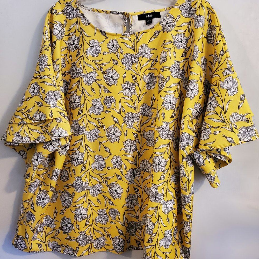 Yellow white, black floral bell sleeve top size 24, ellos